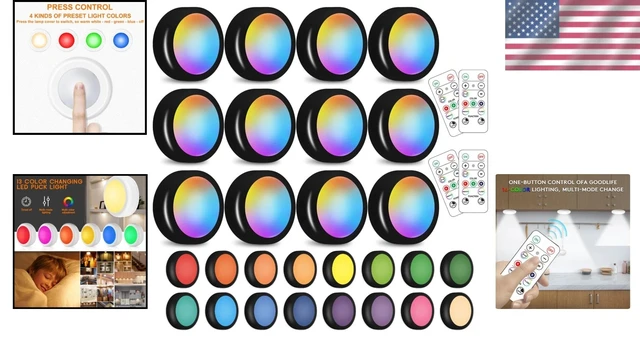 Alt view image 2 of 7 - Wireless 16 Color Changing LED Puck Light Set - 12 Pack with Remote Control &...