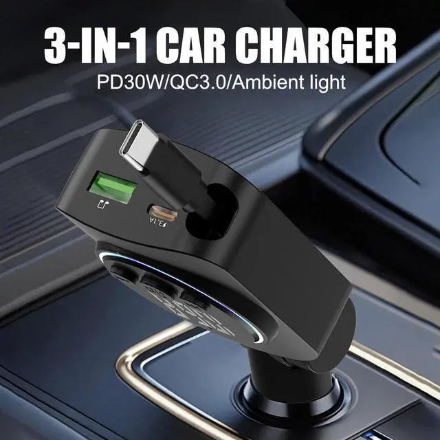 Alt view image 6 of 7 - 45W 3IN_1 Retractable Car Charger USB Type-C Cable For Phone Fast Charge Adapter