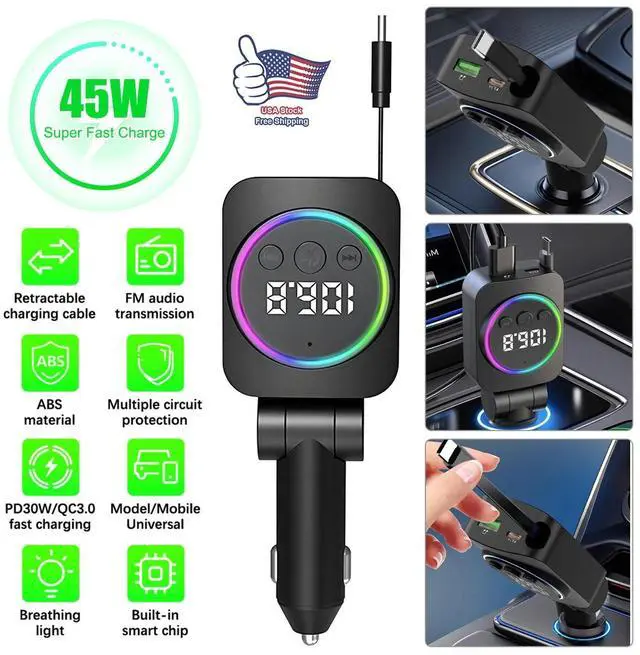 Main image of 45W 3IN_1 Retractable Car Charger USB Type-C Cable For Phone Fast Charge Adapter