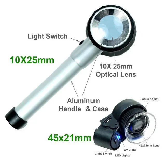 Alt view image 3 of 7 - High Quality 10X Optical glass Lighted Magnifier 45X Jewelers Loupe with LED UV