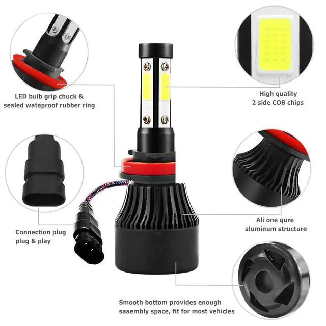 Alt view image 3 of 7 - 4-Side H11 LED Headlight Bulbs H8 H9 Kits 2800W 280000LM Power 6000K White BLACK