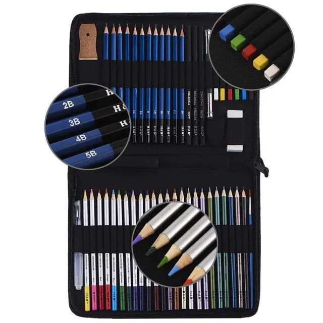Alt view image 2 of 7 - 51pcs Professional Drawing Artist Kit Set Pencils and Sketch Charcoal Art & Bag