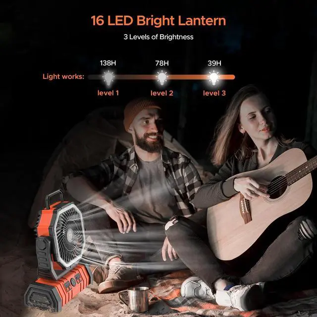 Alt view image 4 of 6 - 4-Speed Portable Camping Fan with Tent LED Light 72hrs Working time 360 Rotation