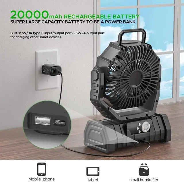 Alt view image 7 of 7 - Rechargeable Camping Fan with LED Lantern, 20000mAh Auto-Oscillating