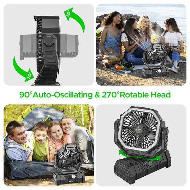 Alt view image 2 of 7 - Rechargeable Camping Fan with LED Lantern, 20000mAh Auto-Oscillating