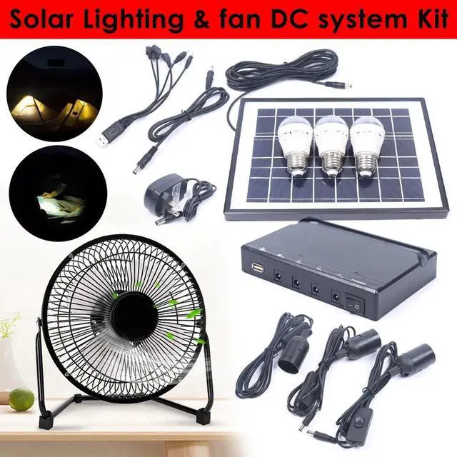 Alt view image 3 of 7 - Solar Power Panel Kit Outdoor Camping USB Charging System W/ LED Light & 8" Fan
