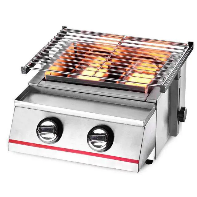 Alt view image 3 of 7 - Portable 2 Burner Gas BBQ Grill Tabletop Camping Smokeless Grill Stainless Steel