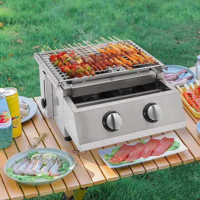 Main image of Portable 2 Burner Gas BBQ Grill Tabletop Camping Smokeless Grill Stainless Steel