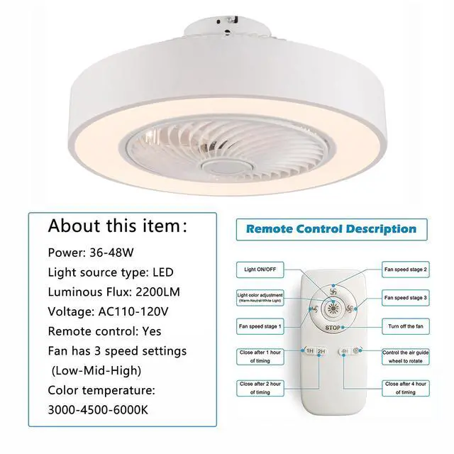 Alt view image 2 of 7 - 22'' Modern LED Ceiling Fan Light Flush Mount Dimmable Chandelier Lamp w/ Remote