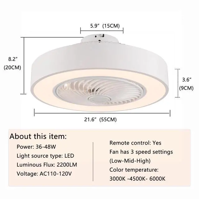 Alt view image 6 of 7 - 22'' Modern LED Ceiling Fan Light Flush Mount Dimmable Chandelier Lamp w/ Remote