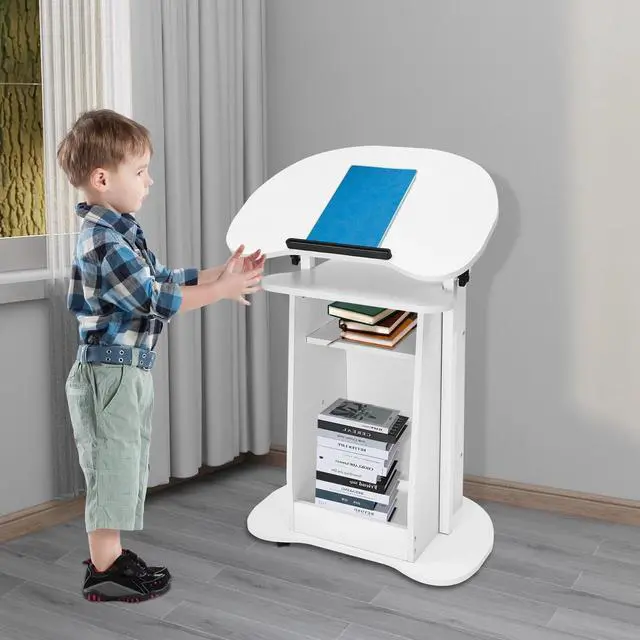 Alt view image 7 of 7 - Rolling Lectern Podium Presentation Stand Church Pulpit w/ Storage Compartment