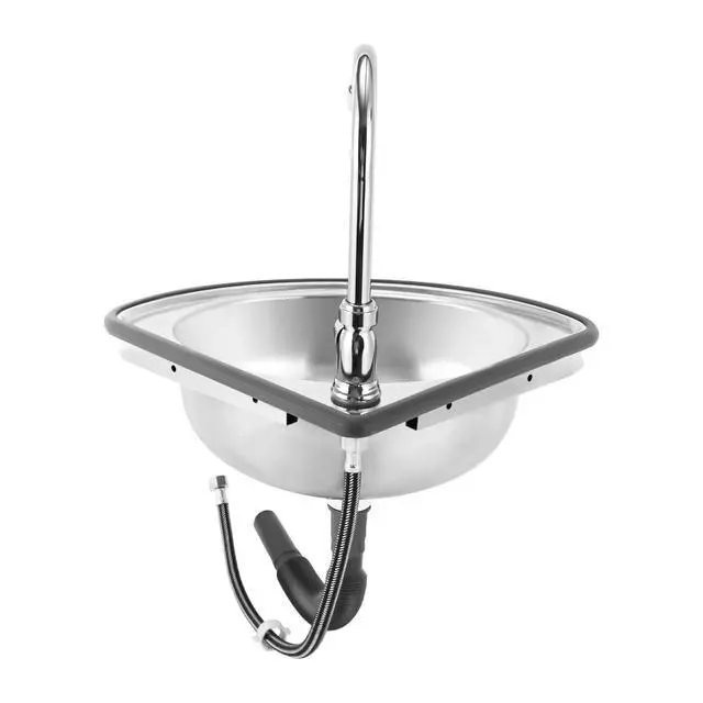 Alt view image 2 of 7 - Single Triangle Wash Basin, Corner Sink Small Bar Sink Stainless Steel w/ Faucet