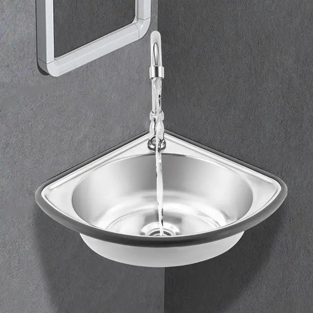 Main image of Single Triangle Wash Basin, Corner Sink Small Bar Sink Stainless Steel w/ Faucet