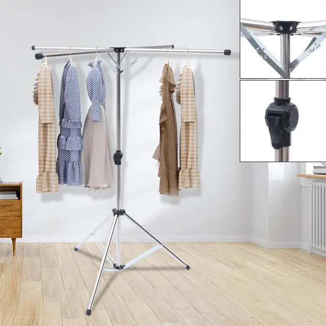 Alt view image 2 of 7 - Portable Tripod Clothes Drying Rack Steel Laundry Coat Foldable Stand Hanger