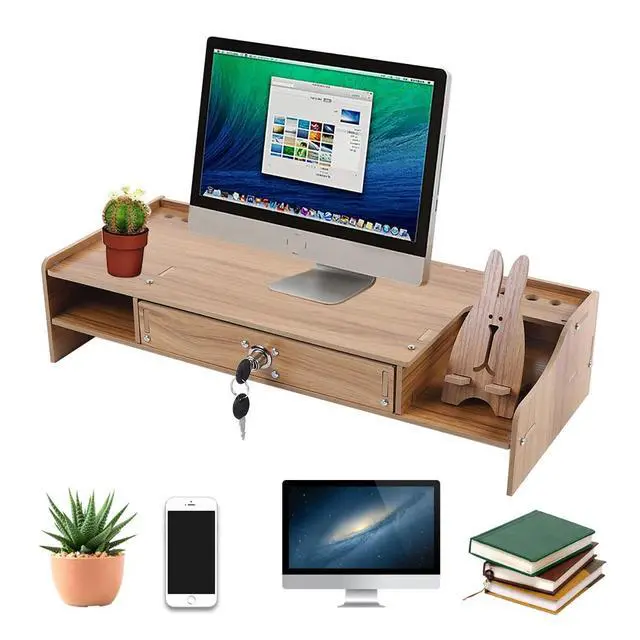 Alt view image 4 of 7 - Wood Monitor Riser with Drawer Computer/Laptop/PC Stand for Desk Organizer