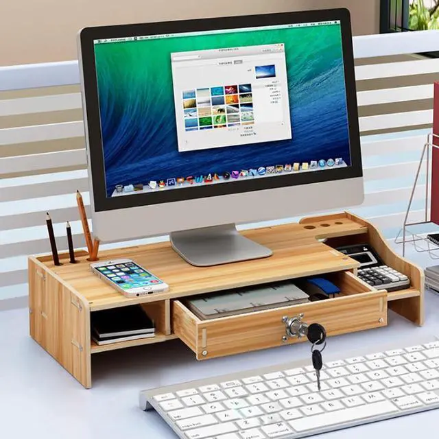 Alt view image 3 of 7 - Wood Monitor Riser with Drawer Computer/Laptop/PC Stand for Desk Organizer