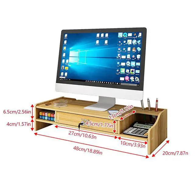 Alt view image 2 of 7 - Wood Monitor Riser with Drawer Computer/Laptop/PC Stand for Desk Organizer