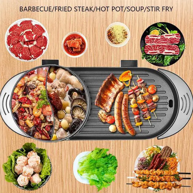 Alt view image 4 of 7 - 2 in 1 Electric Non-Stick Grill Hot Pot BBQ Grill Soup Shabu Pot Barbecue 2200W