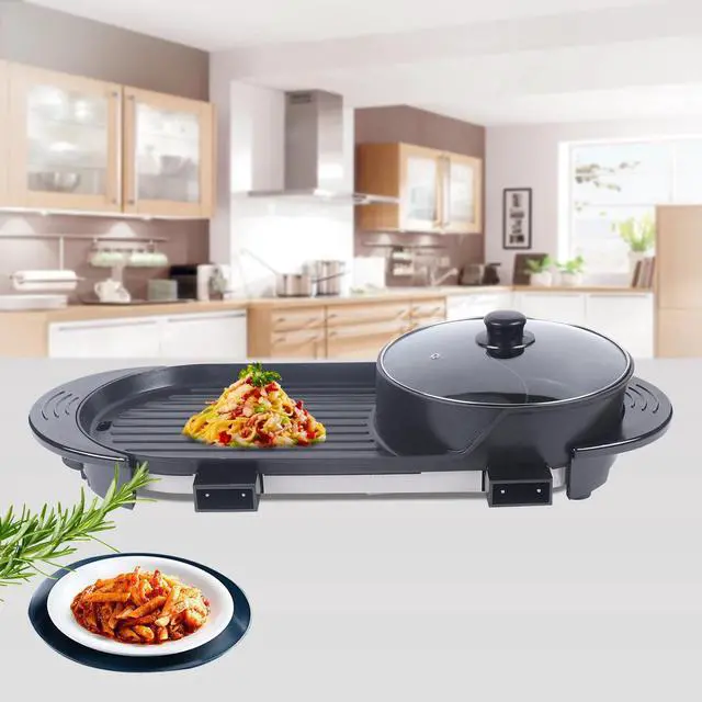 Alt view image 5 of 7 - 2 in 1 Electric Non-Stick Grill Hot Pot BBQ Grill Soup Shabu Pot Barbecue 2200W