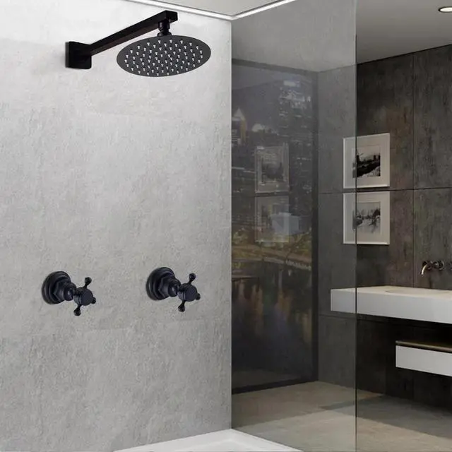 Main image of 8" Rainfall Shower Head Black Shower Faucet System Combo Set w/ Mixer Valve Kit
