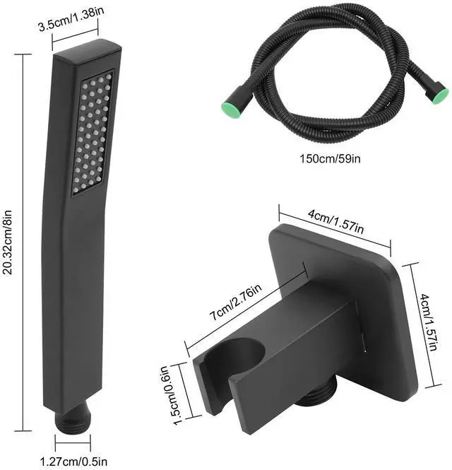 Alt view image 3 of 7 - Matte Black Handheld Shower Square Head Handshower with Wall Connector & Hose