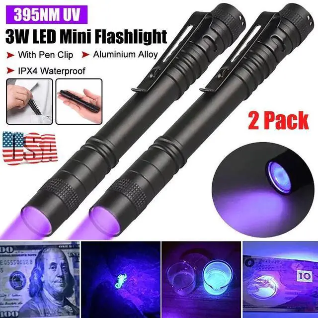 Main image of 2X 395nm UV Light Penlight Black Light Scalable Clip Pen Light Pocket Flashlight