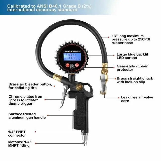 Alt view image 4 of 7 - Car Truck Digital Tire Inflator w/ Pressure Gauge Air Chuck Rubber Hose 250 PSI