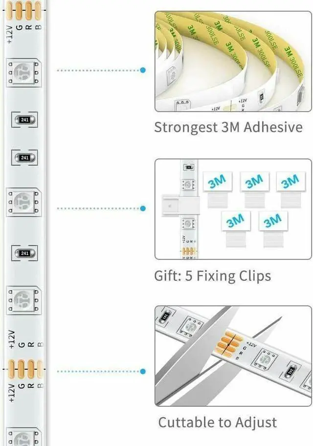Alt view image 6 of 7 - 5M RGB 5050 Waterproof LED Strip light SMD 44 Key Remote 12V US Power Full Kit