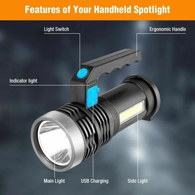 Alt view image 4 of 7 - Super Bright LED Searchlight Portable Rechargeable Spotlight Handheld Flashlight