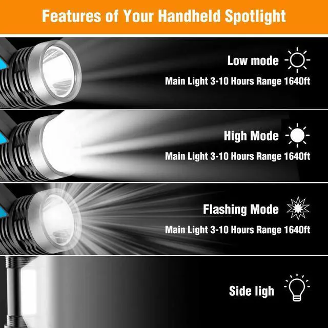 Alt view image 3 of 7 - Super Bright LED Searchlight Portable Rechargeable Spotlight Handheld Flashlight