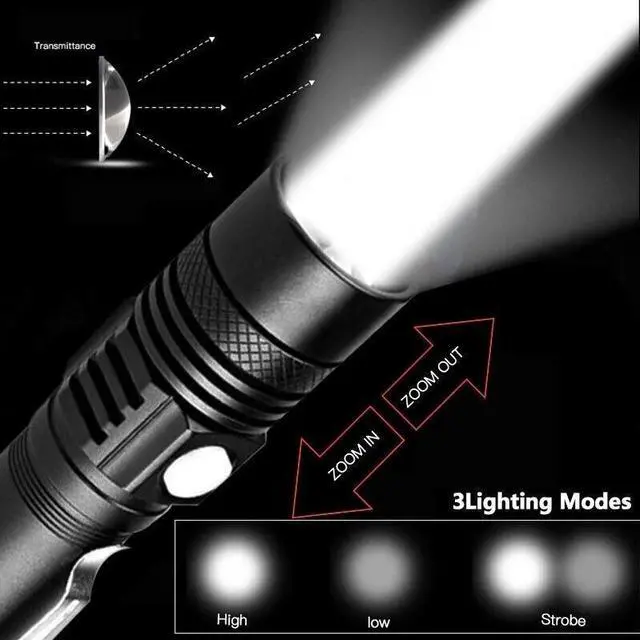 Alt view image 4 of 7 - Super Bright 90000LM LED Tactical Flashlight Zoomable With Rechargeable Battery