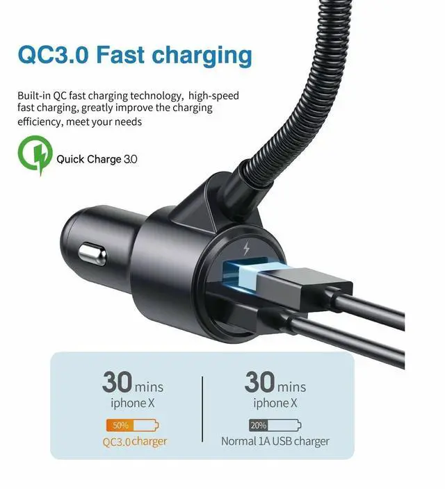 Alt view image 4 of 7 - Wireless Bluetooth 5.0 FM Transmitter QC3.0 Hands-free Radio AUX Adapter USB Car
