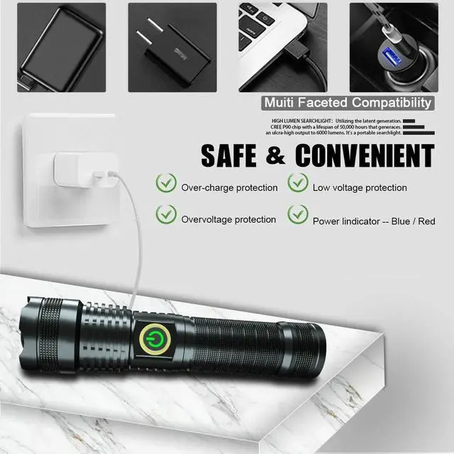 Alt view image 5 of 7 - Ultra Bright 70W with 4 CORES LED bulb Flashlight Tactical Torch rechargeable