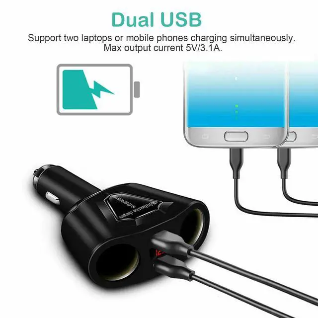 Alt view image 2 of 7 - Car LCD Cigarette Lighter Socket Splitter Dual USB Charger Power Adapter DC 12V