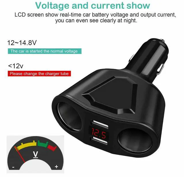 Alt view image 3 of 7 - Car LCD Cigarette Lighter Socket Splitter Dual USB Charger Power Adapter DC 12V