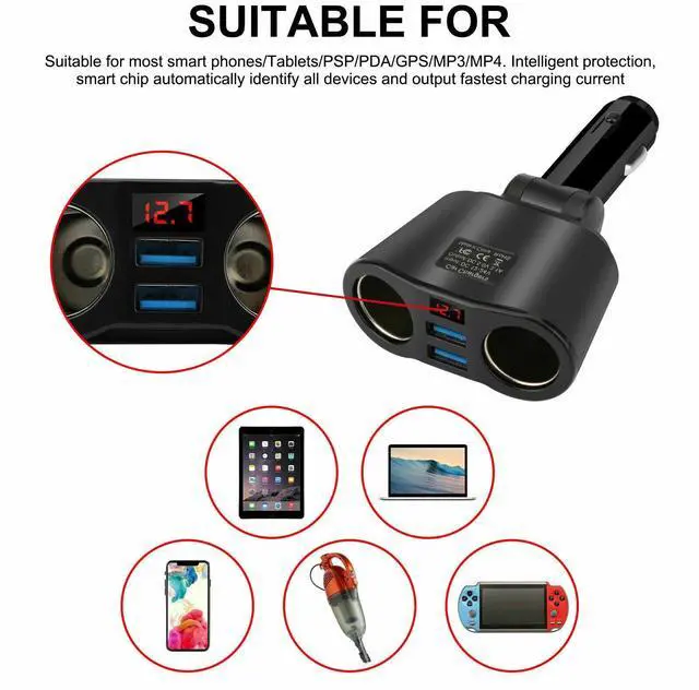 Alt view image 6 of 7 - Car LCD Cigarette Lighter Socket Splitter Dual USB Charger Power Adapter DC 12V