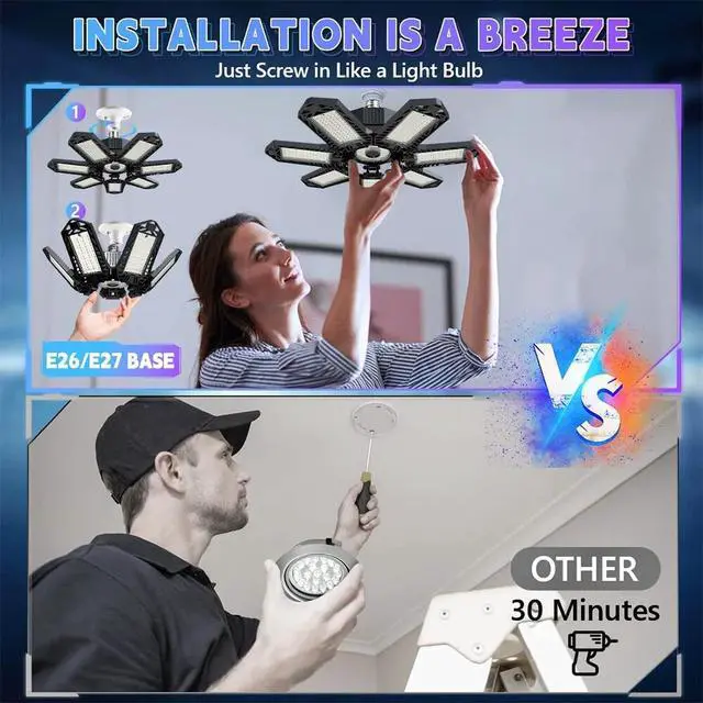 Alt view image 4 of 7 - 2 Pack LED Garage Lights 150W,18000lm Deformable Garage Ceiling Light Shop Light