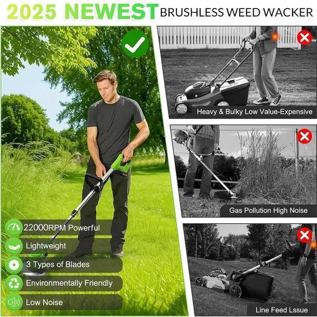 Alt view image 4 of 7 - Cordless String Trimmer Electric Edger Weed Grass Eater Lawn Cutter +2 Batteries