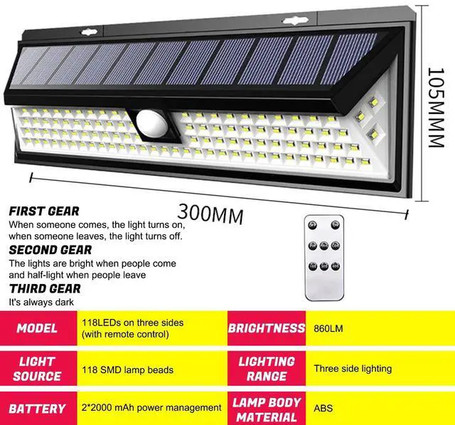 Alt view image 7 of 7 - 118 LEDS Light PIR Motion Sensor Outdoor Security Lamp Wall Garden Solar Power