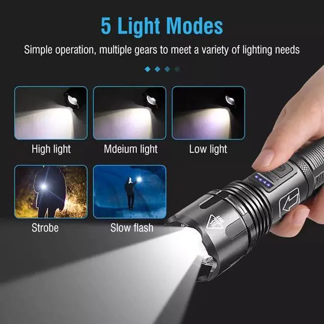 Alt view image 2 of 7 - 9000000 Lumens Super Bright LED Flashlight Tactical Rechargeable LED Work Lights