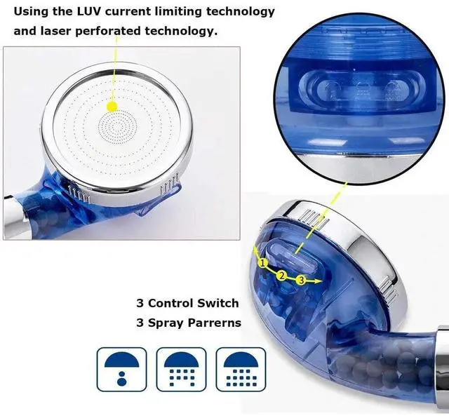 Alt view image 5 of 7 - Shower Head High Pressure 3 Settings Spray Handheld Shower heads with hose 5 Ft