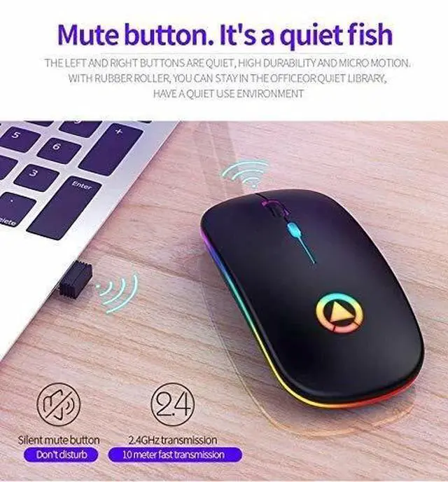 Alt view image 2 of 5 - 2.4GHz Wireless Optical Mouse USB Rechargeable RGB Cordless Mice For PC Laptop