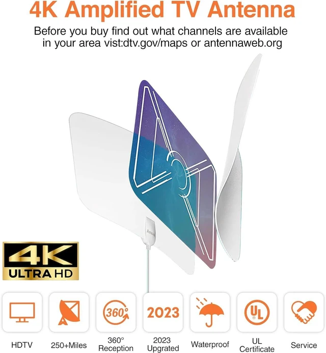 Alt view image 2 of 7 - 3600 Miles Digital TV Antenna Indoor HDTV Amplified Signal Booster 4K HD 1080P W