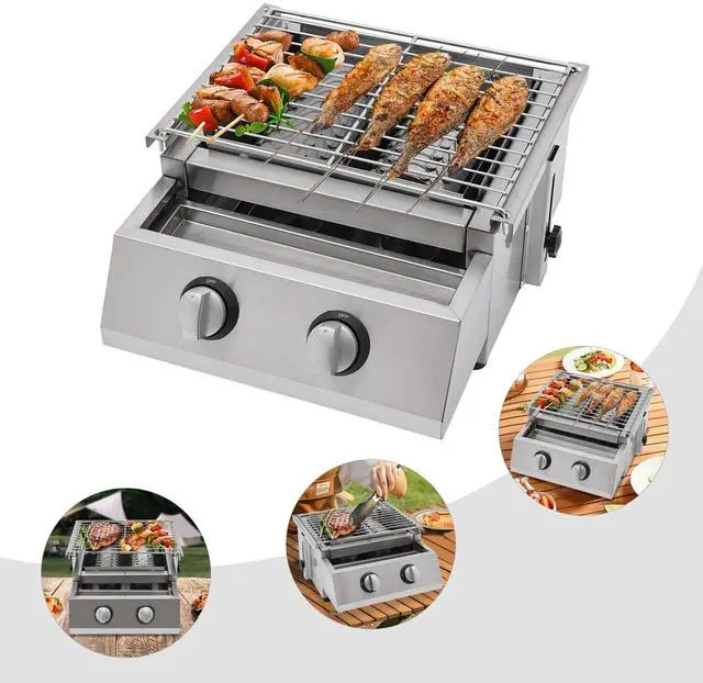 Main image of BBQ Grill Tabletop Camping Smokeless Grill Stainless Steel Portable 2 Burner Gas