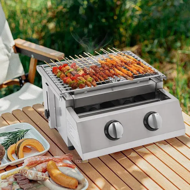 Alt view image 2 of 7 - BBQ Grill Tabletop Camping Smokeless Grill Stainless Steel Portable 2 Burner Gas