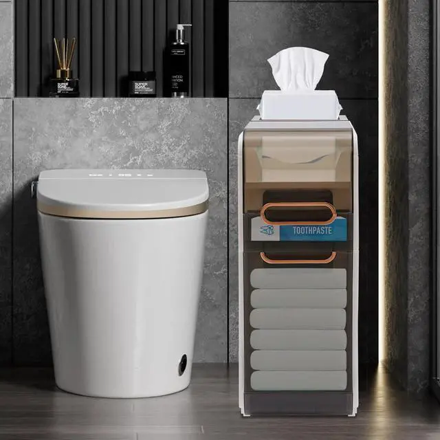 Alt view image 2 of 7 - Floor Cabinet For Narrow Bathroom Floor Standing Toilet Paper Holder