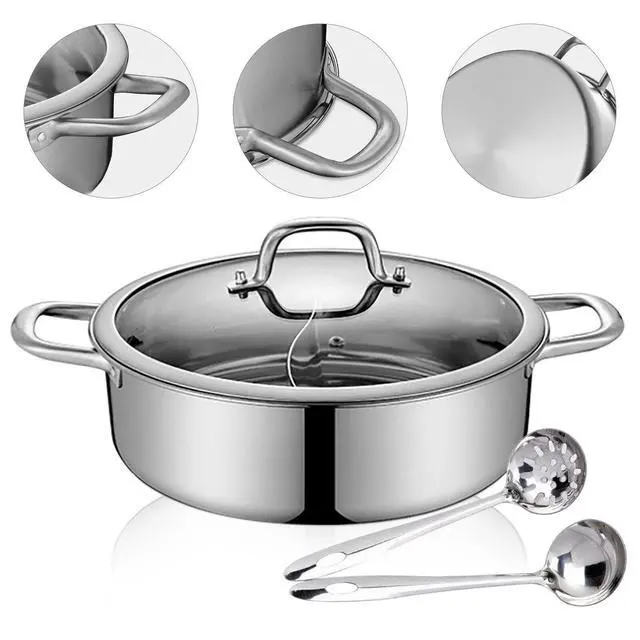 Alt view image 7 of 7 - Stainless Steel Dual-Sided Shabu Hot Pot with Lid for Flavorful Cooking
