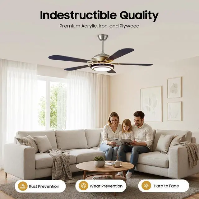 Alt view image 2 of 7 - 52'' Ceiling Fan with LED Light Remote 6 Speed 5 Blades Modern Fan Light 35W