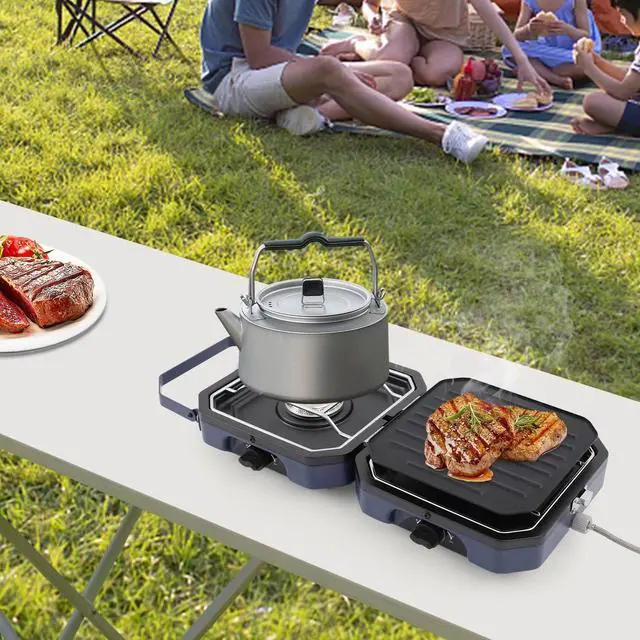 Alt view image 2 of 7 - 2 Burners Camping Stove Grill Pan w/ Handle, Portable Folding Gas Stove for Camp