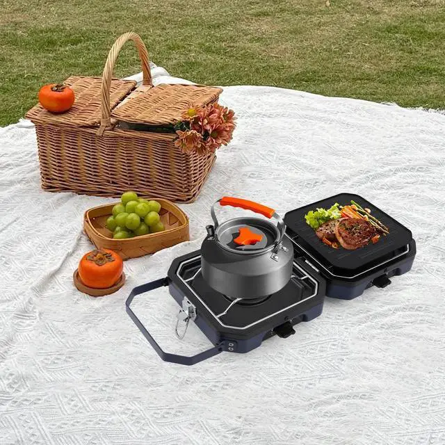 Alt view image 3 of 7 - 2 Burners Camping Stove Grill Pan w/ Handle, Portable Folding Gas Stove for Camp